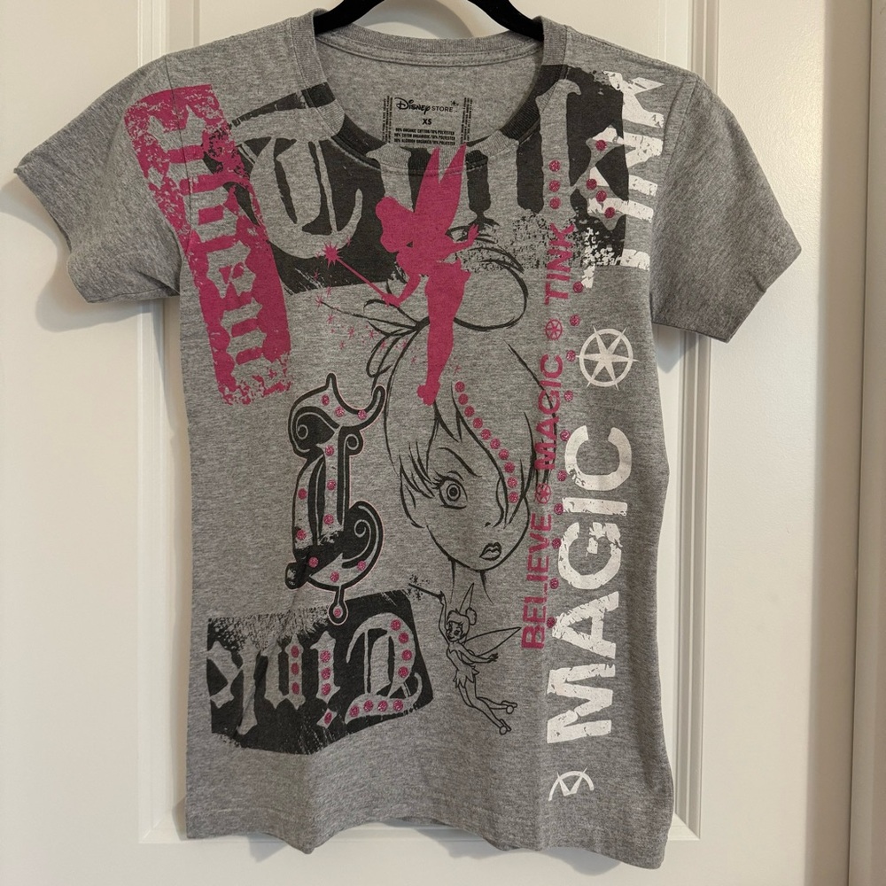 Disney Y2K Tinkerbell Gray Graphic Short Sleeve Shirt, XS